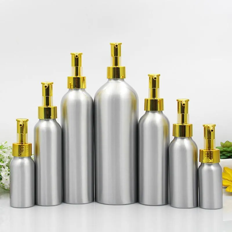 Aluminium lotion pomp fles goud cap metalen tin emulsie container lege cosmetische verpakking 30/50/100 / 120/150 / 250 / 500ML1