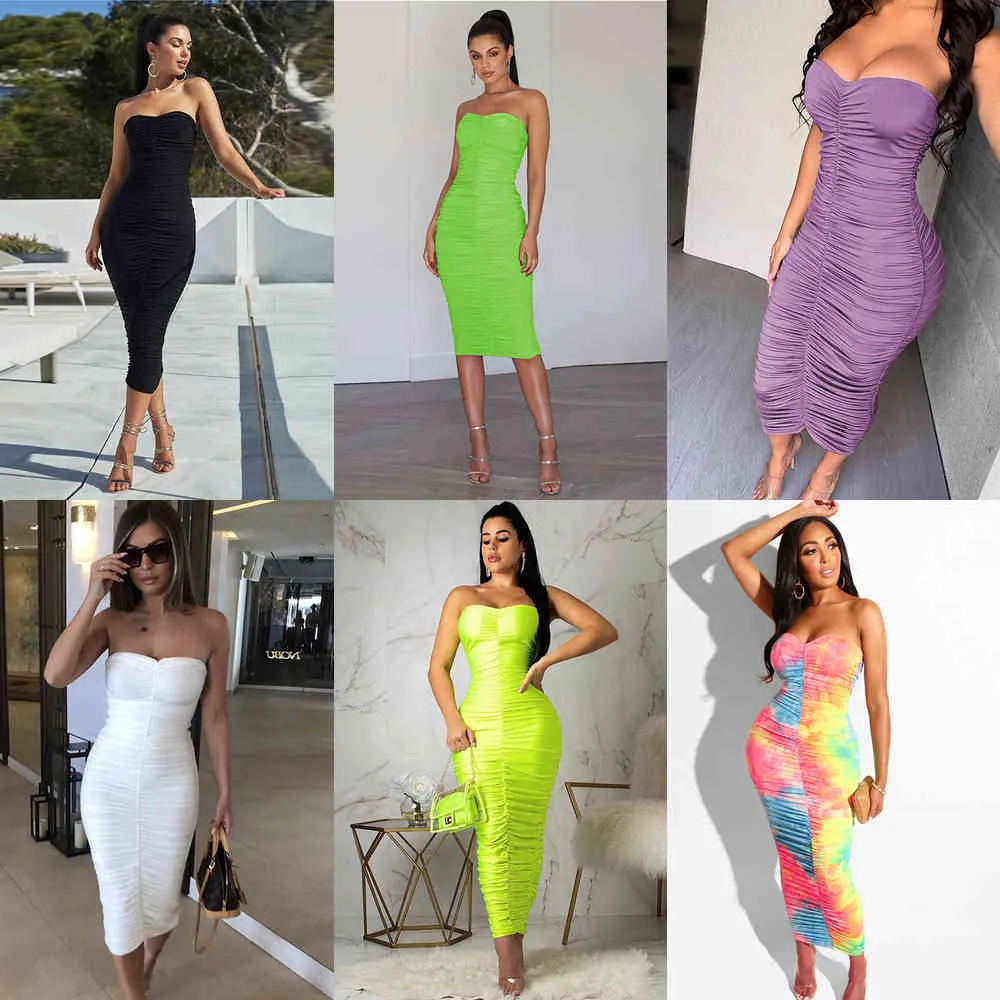 Zhymihret 2021 Zomer Neon Groene Tube Jurk Dames Ruched Long Bandage Jurk Sexy Strapless Bodycon Tie Dye Party Vestidos X0521