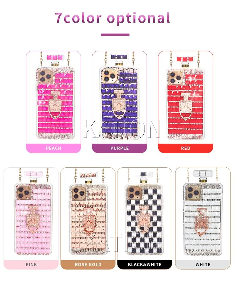 Luxe glitter Bling Diamond Parfumfles DIY Rhinestone Cases voor LG K51 Stylo 6 5 4 Moto G Stylus Aristo5 K31 K40 Dames Ketting Handtas Ring Houder Telefoon Cover