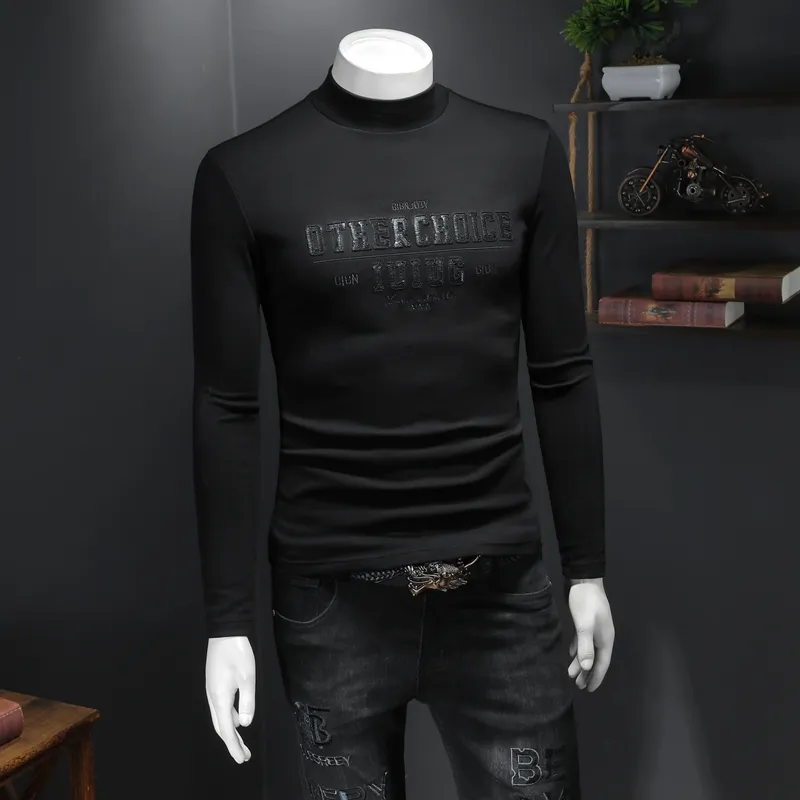 2022 winter new men's tops light luxury warm T-shirt trend double-sided plush turtleneck slim casual bottoming shirt thickening