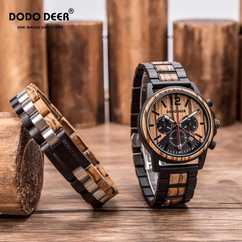 Montres-bracelets Montre Homme DODO DEER Montre-bracelet en bois pour homme Bracelet en acier inoxydable Chronographe Calendrier Montre d'affaires Cadeau C04