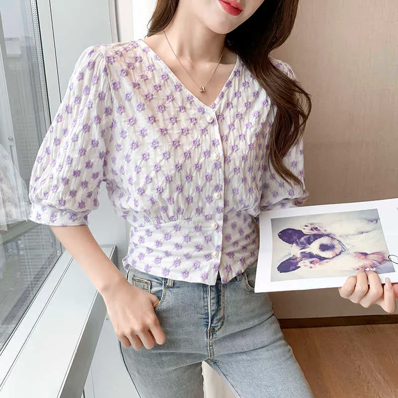 Summer Korean Fashion Womens Tops and Blouses Chiffon Women Short Sleeve Purple Shirts Ladies 210531