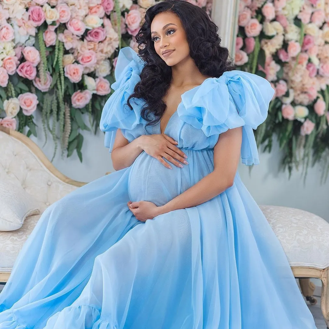 Blue Chiffon V-Neck Maternity Evening Gown with Ruffles and Capped Sleeves