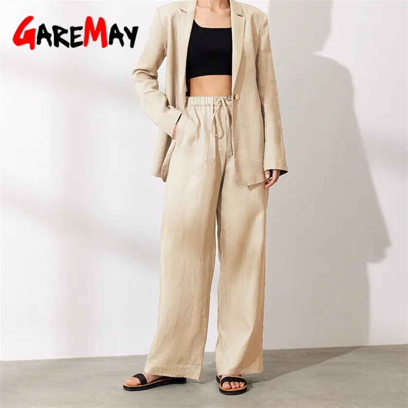 Bawełniane spodnie lniane dla kobiet ułożone luźne vintage solidne pod względem rozmiaru podstawowe pod względem wysokiej talii Spodnie Khaki Khaki Summer Women's 220211
