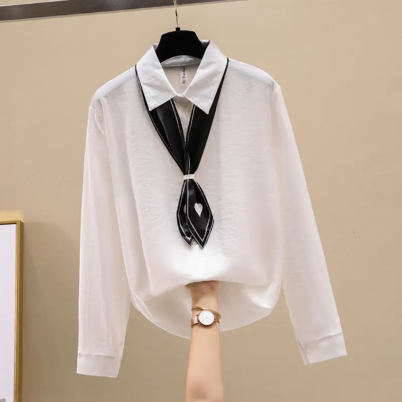 Autumn Fashion Women's Long Sleeves Turn Down Collar With Scarf Office Ladies Shirts OL Shirt Blouse Tops A4009 210428