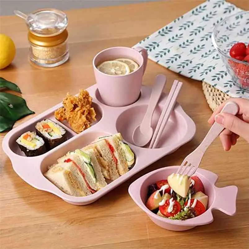 Vete halm barns middag tallrik skål kopp set lunch divider tecknad baby anti-fall porslin 210423