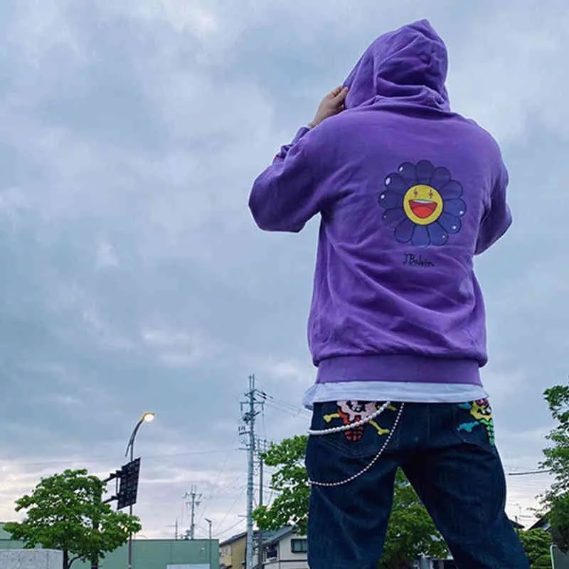 J Balvin Takashi Murakami Hoodie Flower Print Oversize Hooded Sweatshirts  Harajuku Casual Cotton Sweaters Jumpers Men Hip Hop Streetwear