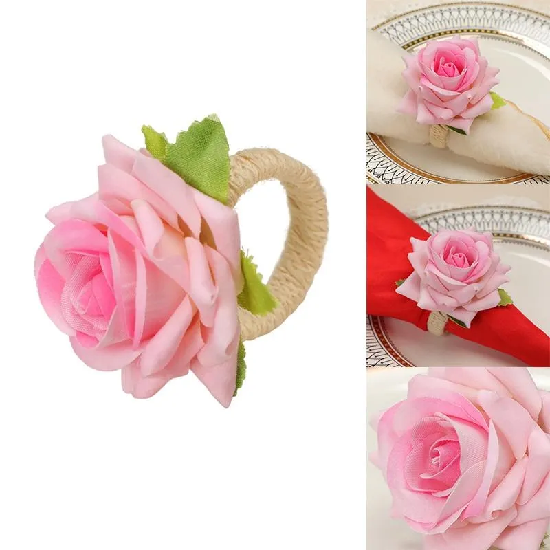Napkin Rings Handmade Flower Faux Pink Rose Ring Serviette Buckles Holder For Table Decoration, Wedding