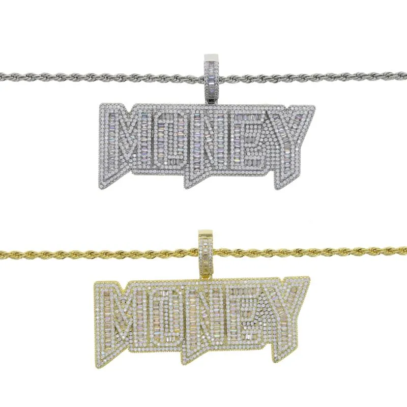 Kettingen iced out Bling 5A cz verharde gouden kleur brief geld hanger ketting met lange twist touw ketting hip hop dollar mannen jongen sieraden