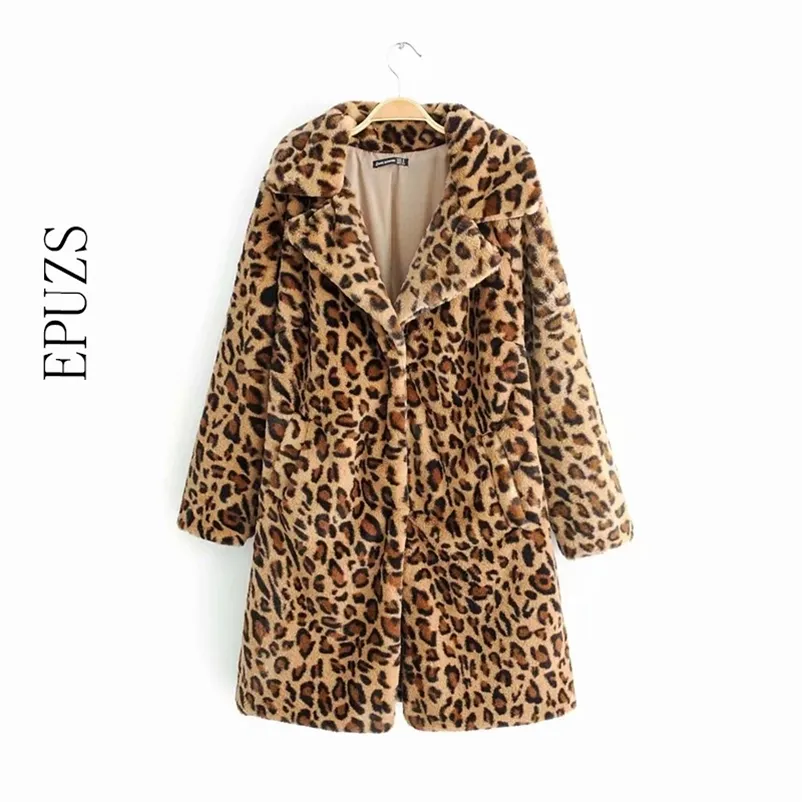 Winter Long Leopard Coat Women Faux Fur Fashion Syle Warm Teddy Jacket Koreansk Vinter 210521