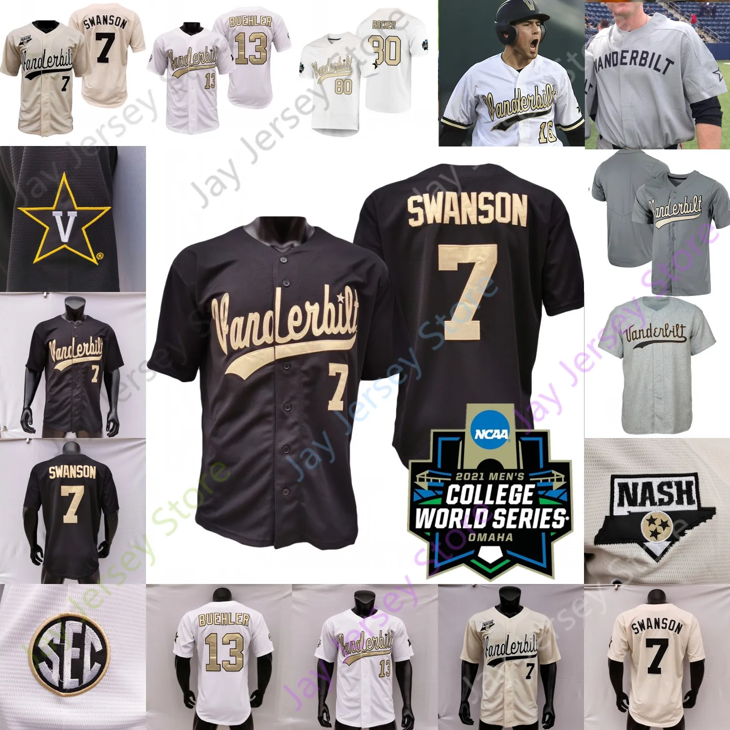 Jerseys 2021 NCAA College Baseball WS Vanderbilt Commodores Jersey 22 Jack Leiter Dansby Swanson Walker Buehler Chris McElvain Devin Futrell Davis Diaz TJMc Kenzie