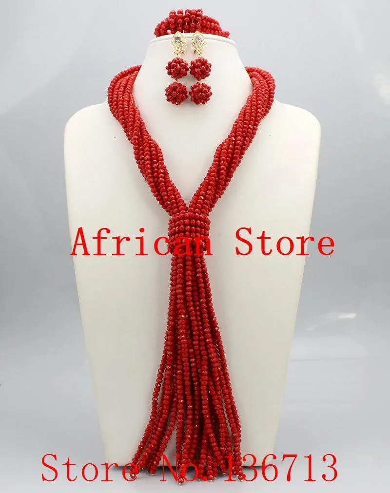 Kolczyki Naszyjnik Moda Czerwony Nigerii Kryształ Koraliki Bransoletka Zestawy Biżuteria Ślubna Afryki R841
