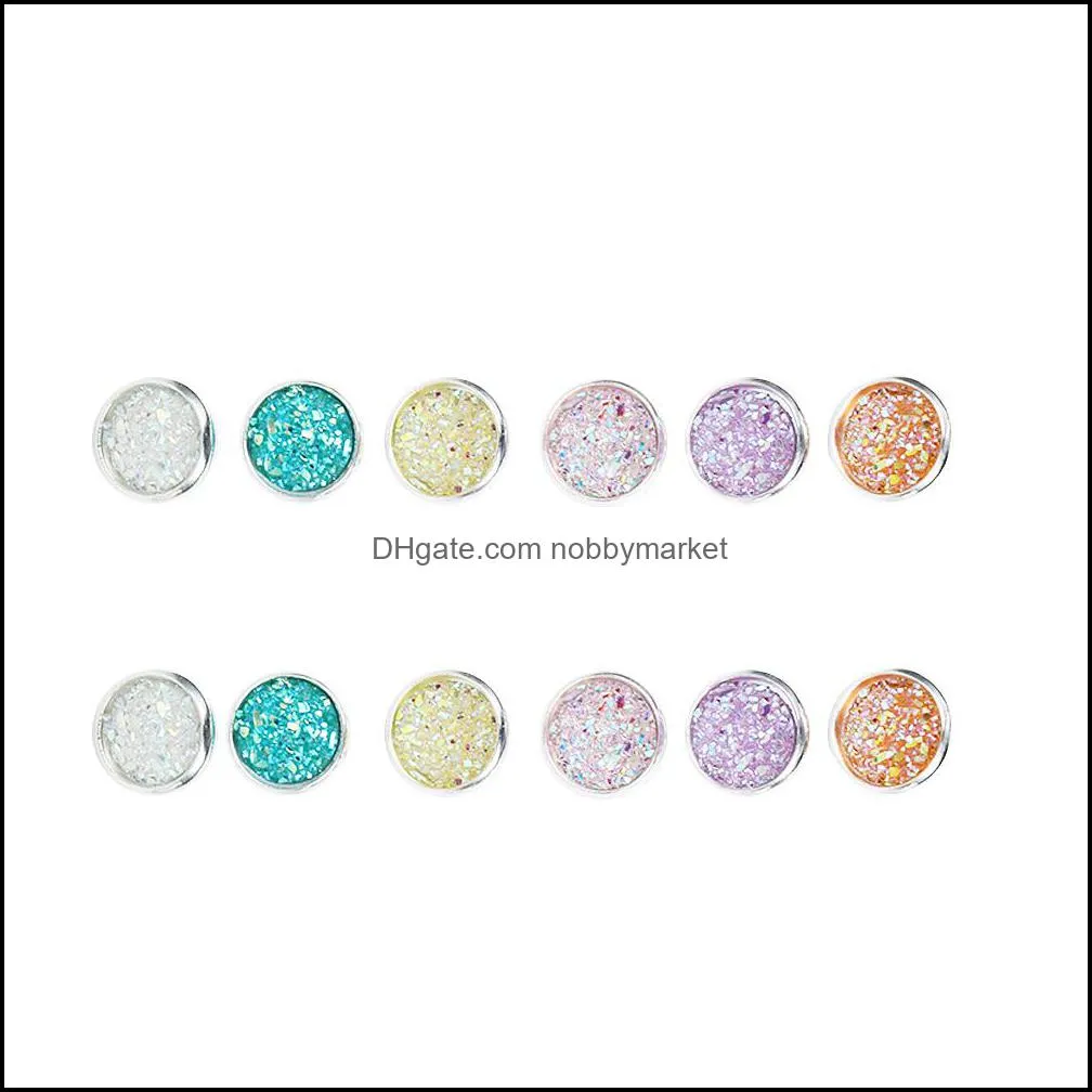 6 pair/Set Women`s Shiny Resin Ear Stud with Round Bling Druzy Stone For Girls Cute Earrings Set 2019 Fashion Jewelry Gift