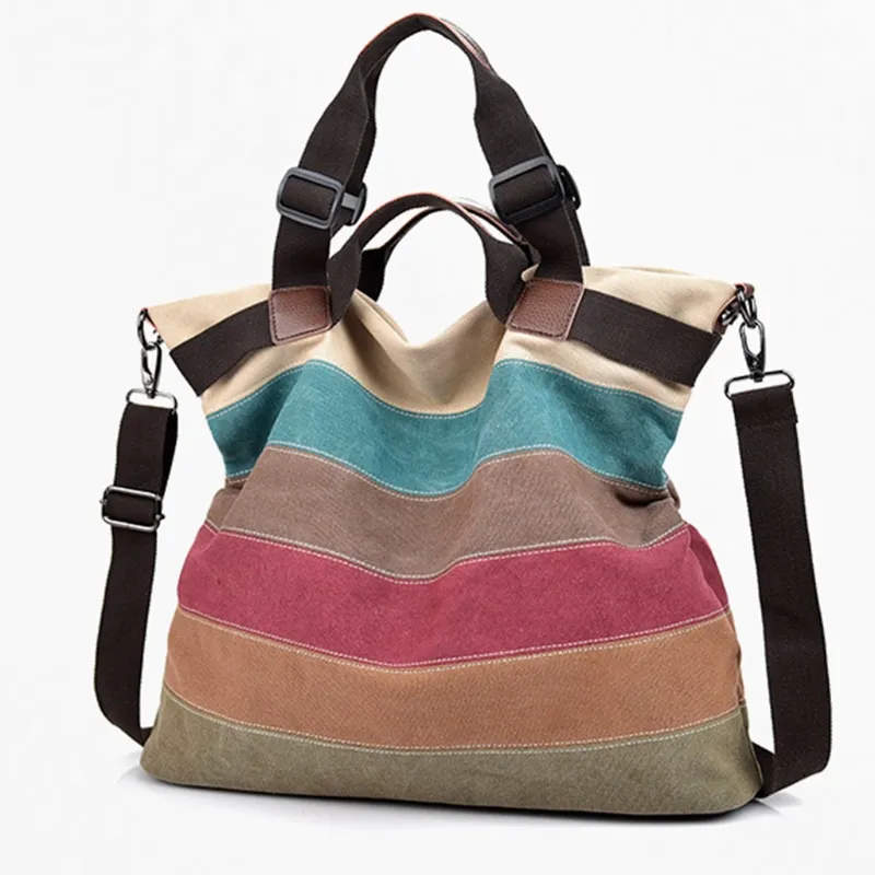 Vrouwen Casual Grote Canvas Schouder Tote Tas Vintage Multicolor Striped Crossbody Portemonnee Verstelbare Top Handgreep Handtas