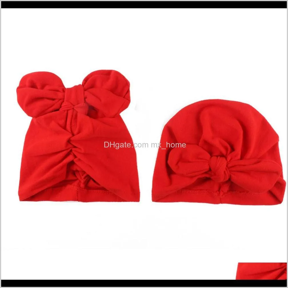 new children`s pure color bow rabbit ear indian hat set fashion pullover cap