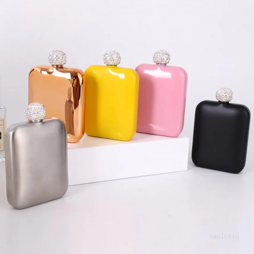 Frasco de quadril de aço inoxidável com tampa de diamante Ladies ao ar livre Flash quadrado portátil Mini Flask de bolso 5 cores