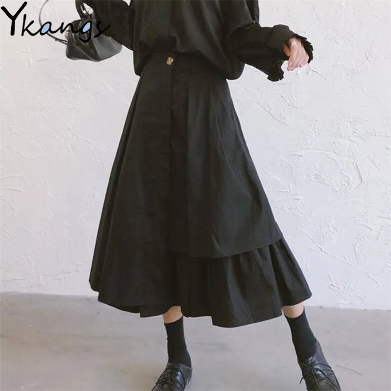 ビンテージ夏の黒い長いプリーツのスカートの女性白いハイウエストの不規則な大きなスイングMidi Gothic Streetwear Saias 210421