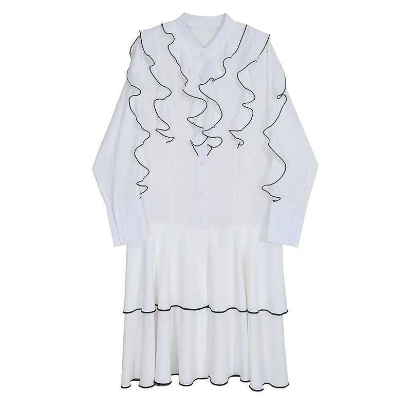 Spring Stand Neck Cascading Ruffles Solid Vestidos Casual Loose Chiffon Long Sleeve Women Dress Japanese Sweet Female Robe 210525