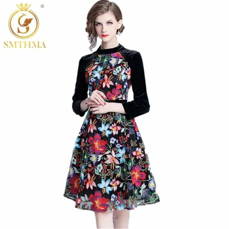 Arrival High Quality Luxury Runway Gold Velvet Stitching Embroidery Flowers Dress Women Vintage Fashion Vestidos 210520