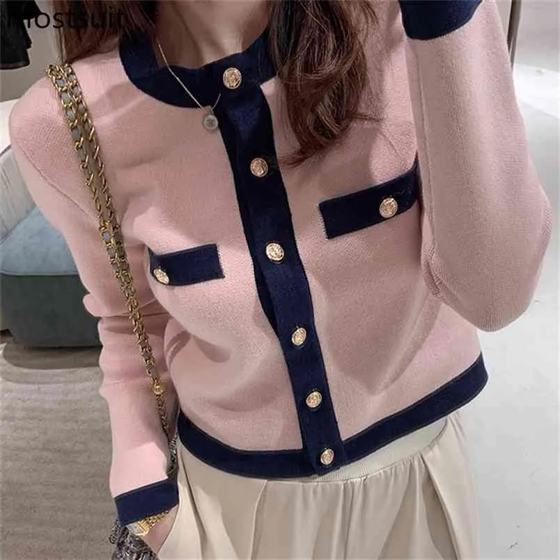 Color-blocked Knitted Cardigan Women Vintage Korean Elegant Sweater Tops O-neck Single-breasted Short Jumpers Femme 210513