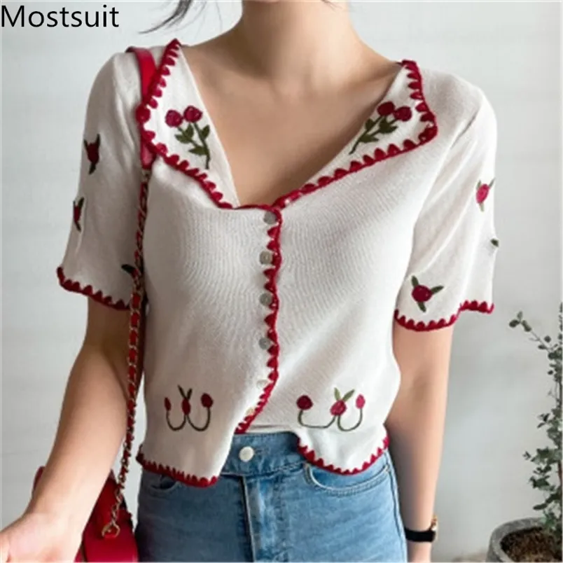 Summer Floral Embroidered Knitted Cardigan Women Short Sleeve Single Breasted Tops Sweater Korean Elegant Vintage Jumpers 210513