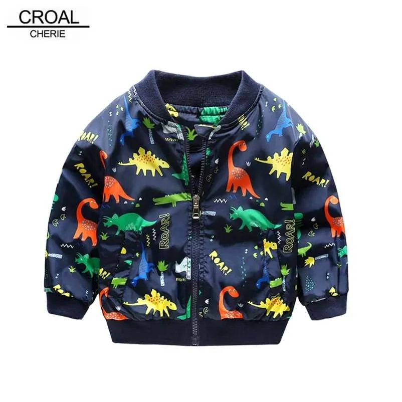 CROAL CHERIE 80-130 cm Oansatz Kinder Jungen Jacke Marinegrün Frühling Dinosaurier Druck Kinder Kleidung Mädchen Mantel Oberbekleidung 211204