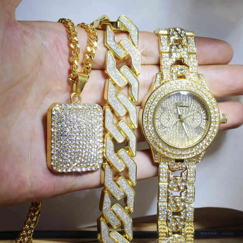 Mężczyźni Hip Hop Farly Out Lab CZ AAA Watch Bransoletka Mrożona Kwadratowa Naszyjnik Combo Set Jewelry