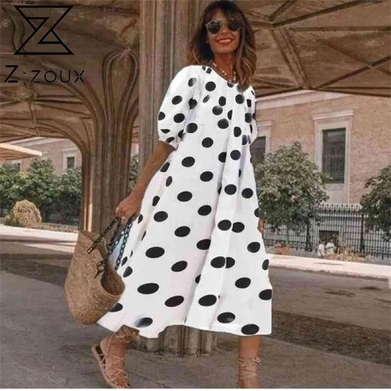 Women Dress Puff Sleeve Dot Printed Bohemian Half Sleeves Loose Long es Plus Size Summer es Fashion 210513