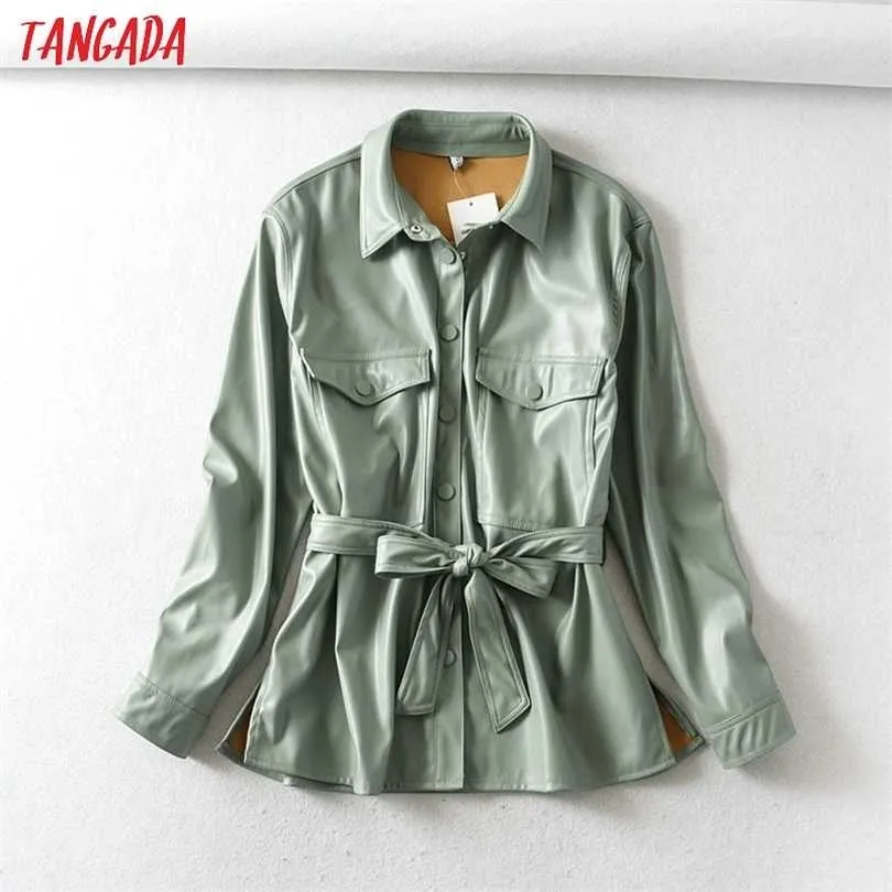 Tangada Women Light Green Faux Leather Jacket Coat with BeltLadies Long Sleeve Loose Oversize Boy Friend 6A125 211014