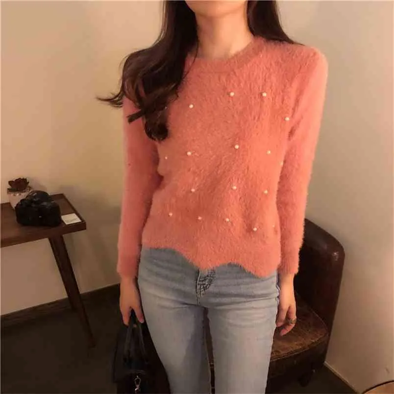 Autumn Winter Women's Sweater Korean Style Pure Color Beaded Long-sleeved Casual All-match Knitted Tops LL742 210506