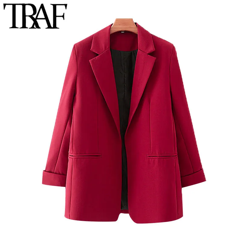 TRAF Women Fashion Office Wear Red Blazer Coat Vintage Long Sleeve Pockets Female Outerwear Chic Tops 210415