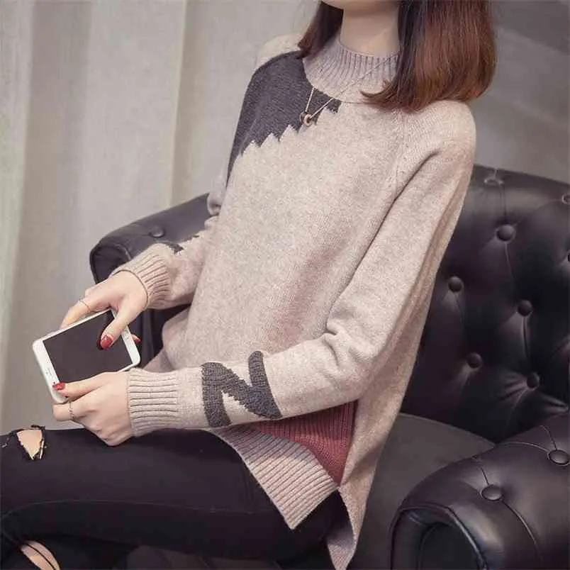 Letter Stitching Sweater Women Loose Pullover Long Sleeves Net Red Thick Side Split Bottoming Knitted Jumpers Female Spring 210427