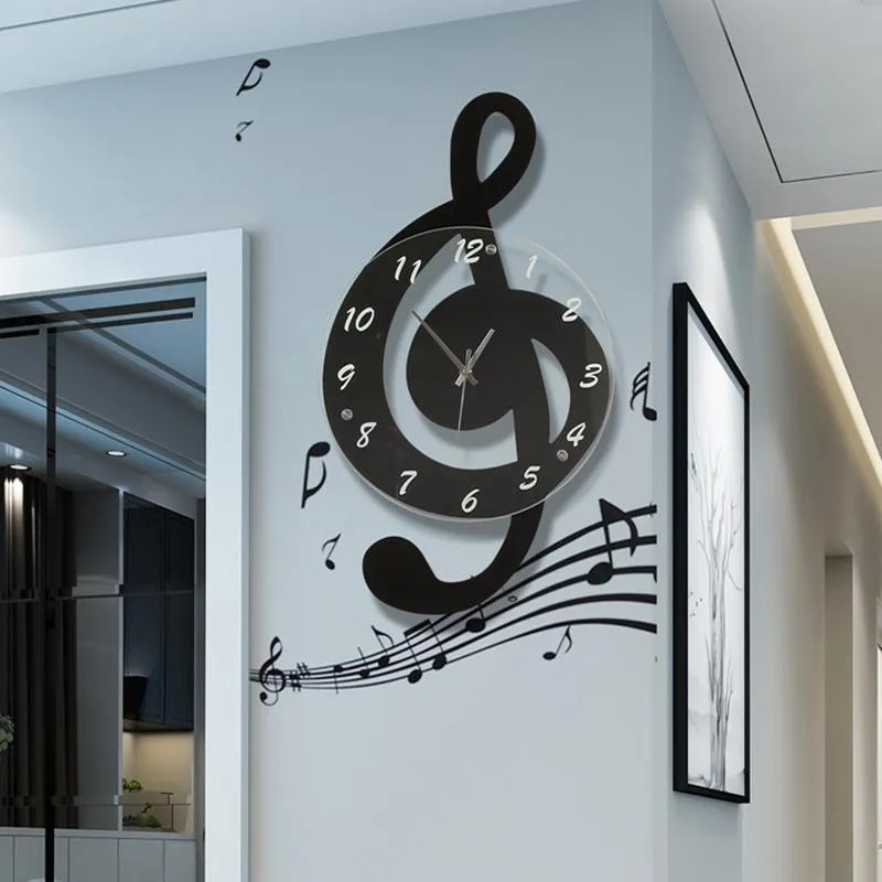 Relojes de pared creativos notas musicales reloj sala de estar adolescente dormitorio estudio decoración reloj mudo decoración cuarzo 63x35cm