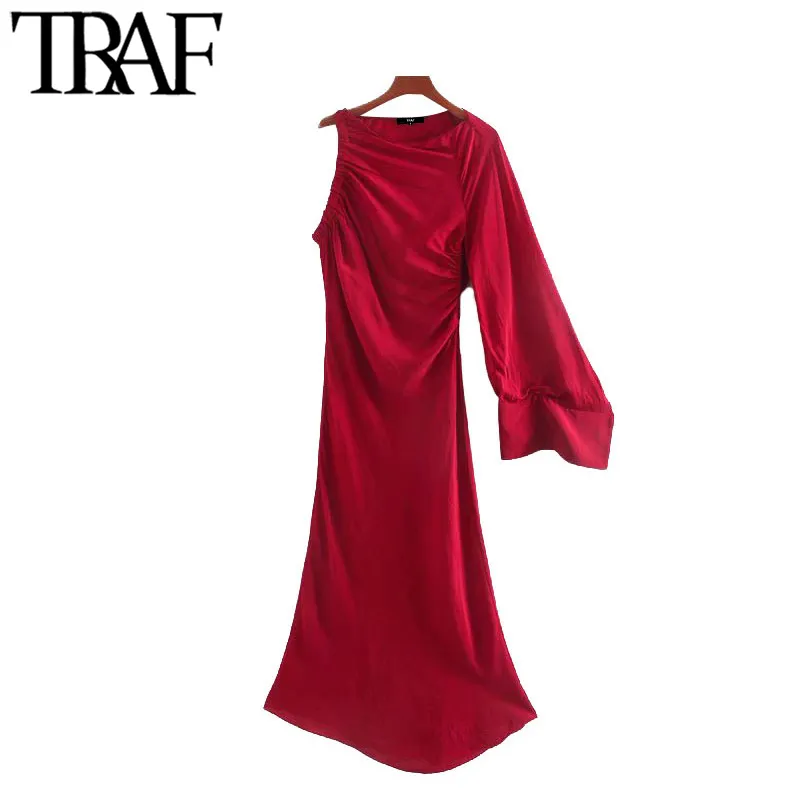 TRAF Women Chic Fashion One Shoulder Asymmetric Midi Dress Vintage Long Sleeve Side Elastic Female Dresses Vestidos 210415