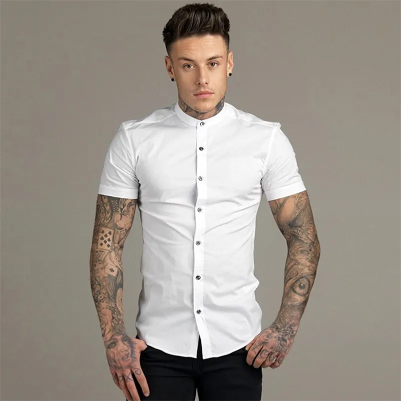 Homens de verão Moda Manga Curta Sólida Camisa Slim Fit Homem Social Negócio Negócio Camisa Marca Mens Gym Fitness Roupas Esportivas 210714