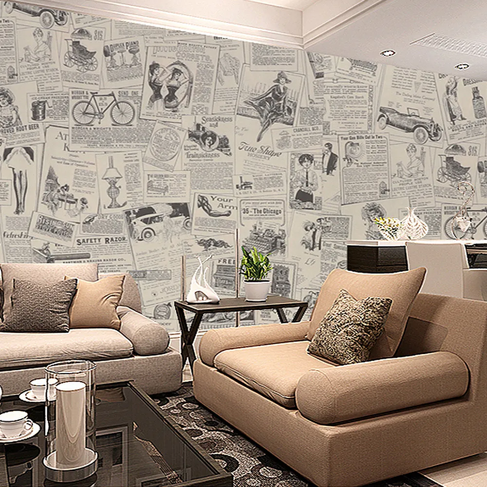 Self-adhesive Retro Newspaper Wallpaper Vintage Beige PVC Vinyl Sticker Roll for Living Room Bedroom Wall Desktop