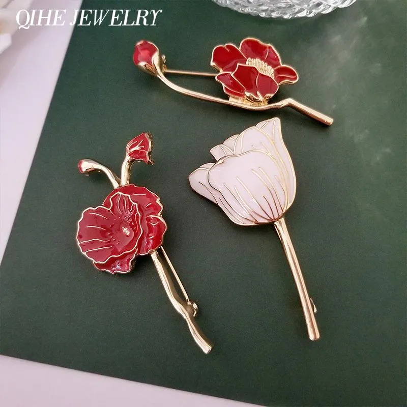 Pins, broscher Emaljblomma för kvinnor Tulpan Orchid Badge Pin Vintage Elegant Bröllop Office Party Tillbehör Smycken 2021