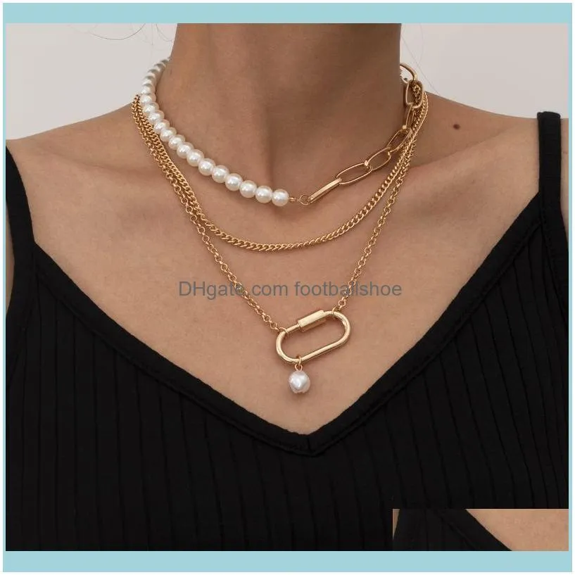 Multi-Layer Multi-Row Metal Irregular Square Pendant White Plastic Pearl Necklace Set For Women Rhodium Gold Plated Chains