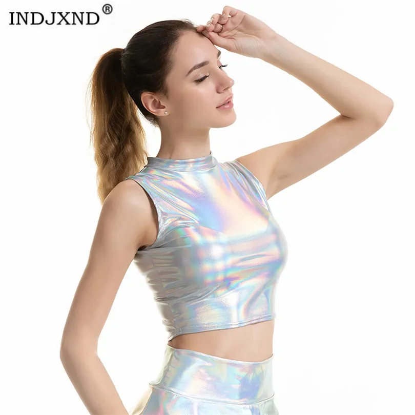 INDJXND Crop Top Kobiety Fitncamis Clubwear Topy Turtleneck Summer Sillevelther Shiny Metallic Tank Tops Workout Kamizelka X0507