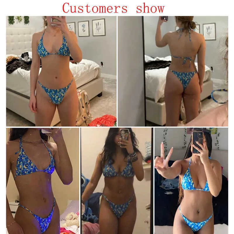 Sexig Blå Blommig Print Baddräkt Kvinnor Triangel Micro Bikini Set High Cut Swimwear 2021 String Swimming Badräkt Strand Slitage Y0820