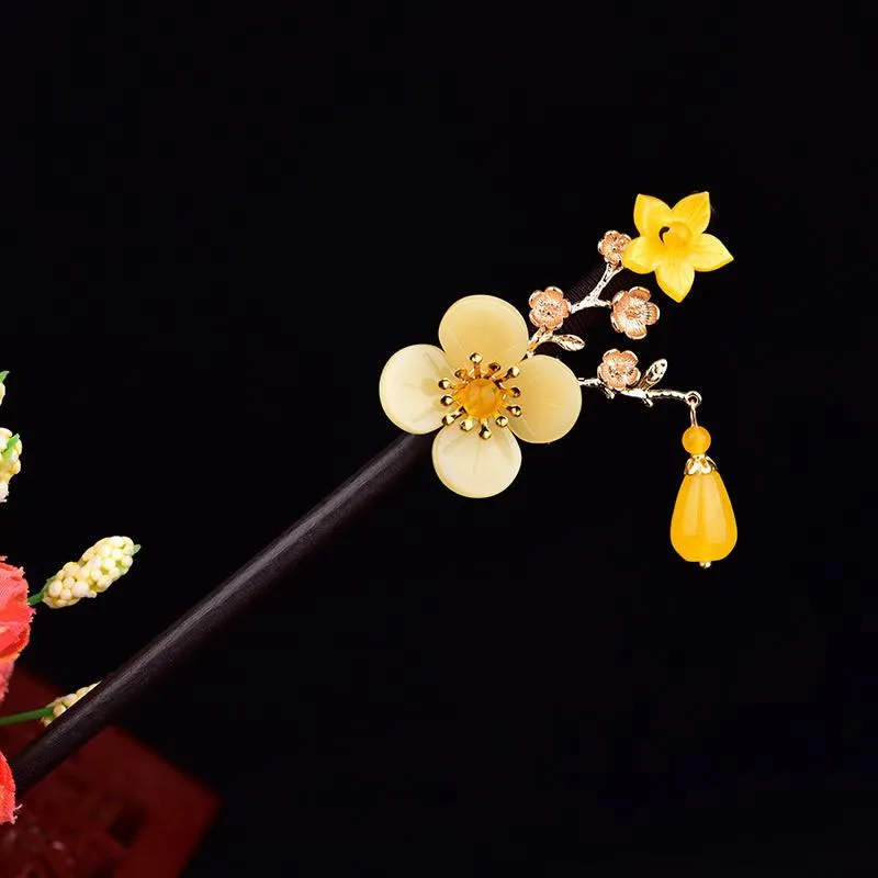 Hair Clips & Barrettes Retro Simple Coloured Glaze Flower Wooden Stick Temperamental Elegant Hanfu Cheongsam Jewelry Accessories