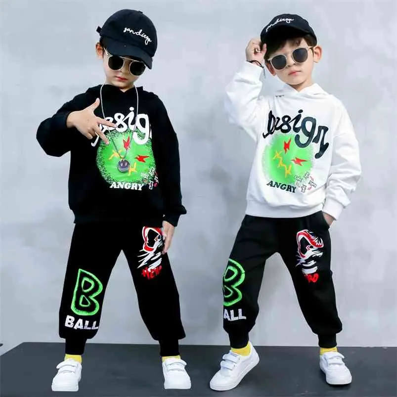 Vente Bébé Garçons Sport Costume Automne Blanc / Noir Sweats à capuche et pantalons amples Adolescent School Boy Outfit Enfants Survêtements 210622