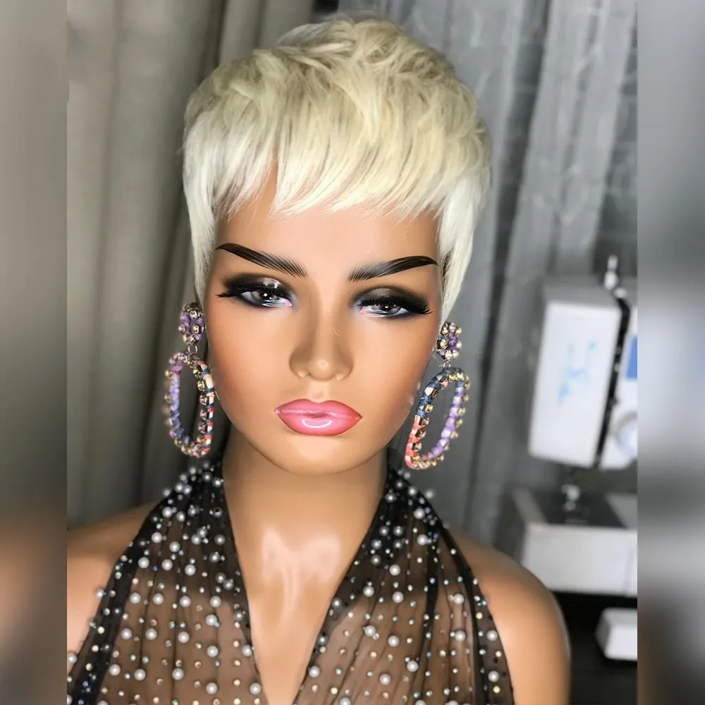 613 Blond färg Short Wavy Bob Pixie Cut Wig Full Hine Made Remy Brazilian Human Hair Non Lace Wigs For Black Woman