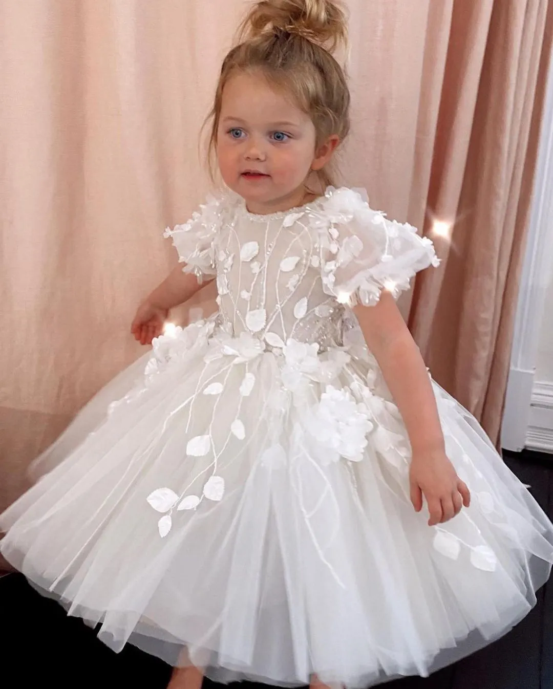 pretty princess communion dresses White Lace First Communion Dress: Long Puffy Sleeve Tulle Gown