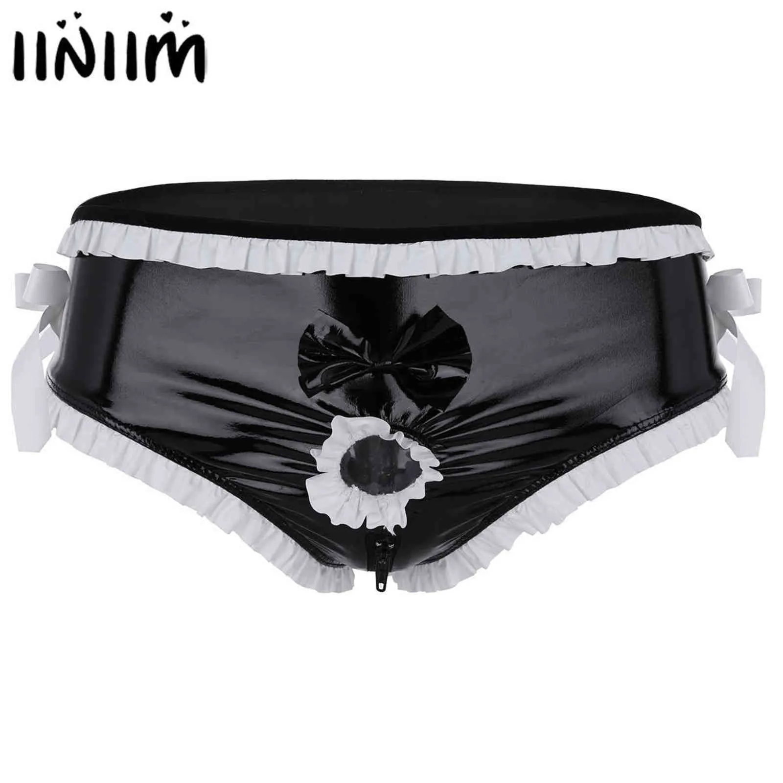 iiniim Mens Sissy Bowknot Latex Lingerie Wetlook Leather Open Penis Hole Bikini Briefs Underwear Gay Zipper Open Crotch Panties 211129