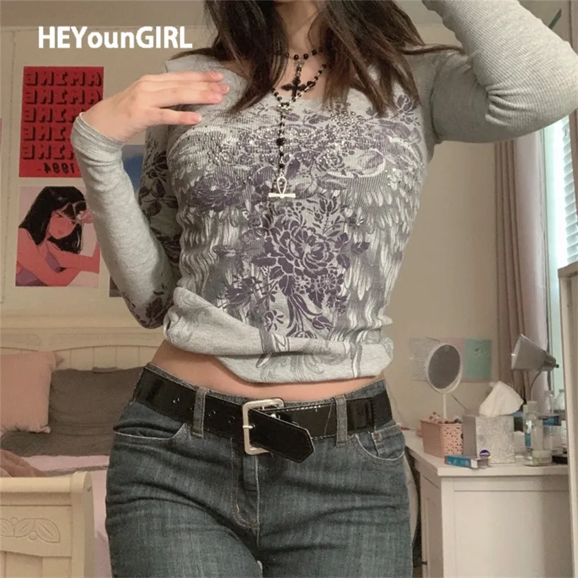 HEYounGIRL Harajuku Mall Gothique Graphique T-shirt Imprimé Grunge Basique Crop Top T-shirts Années 2000 Esthétique Automne Tee Shirt 220214