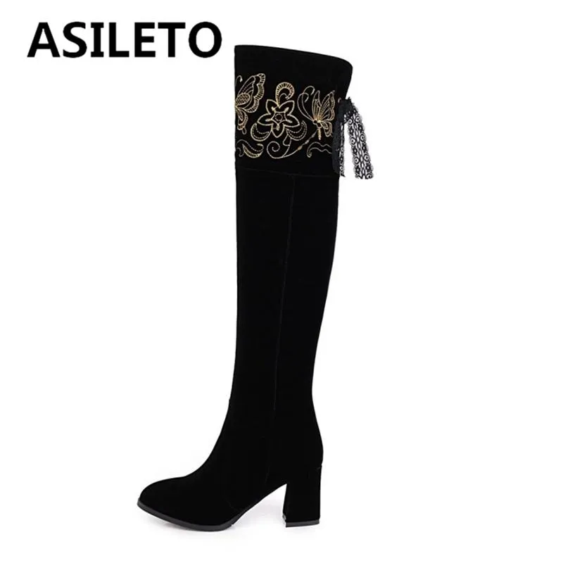 ブーツasileto botas de mujer over nee high lade pointed toe locked block heels flock zipper ribbons floraエレガント冬S2691