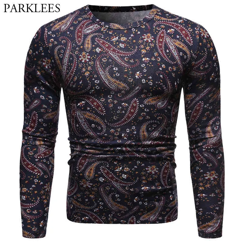 Paisley T Shirt Uomo Moda O Collo Manica lunga Mens Tshirt Casual Slim Fit Soft Floral Tee Shirt Homme Streetwear Top Tees 210524