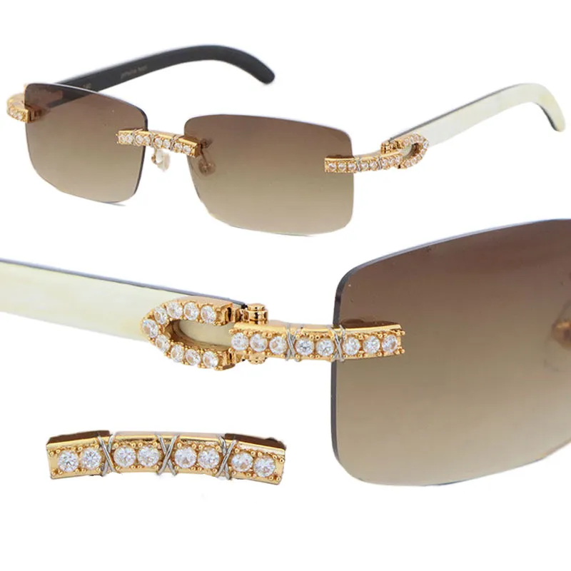 New Model Hand-made 2.6 Carats Diamond Set Rimless Womans Sunglasses White Inside Black Buffalo Horn Men Famous UV400 Lens Sun Glasses Male and Female 18K Gold Size:57