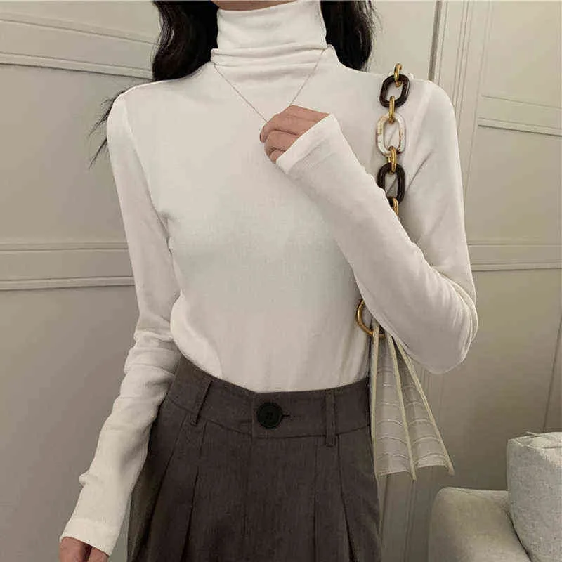Kadın T-shirt Bahar Uzun Kollu Balıkçı Yaka Kadın Tee Kore Giysileri Kore Tarzı Sonbahar Katı Ince Dip T Gömlek Beyaz Tops G220310